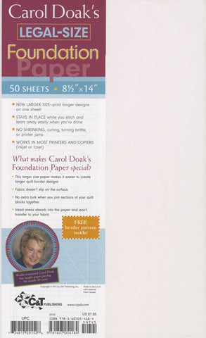 Carol Doak's Legal-Size Foundation Paper, 8 1/2 x 14" for Paper Piecing, 50 sheets, Printer Friendly